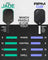A comparison graphic for two pickleball paddles, labeled RPM Jade and RPM 02, with text reading 'WHICH PADDLE IS FOR YOU?' and a scoring breakdown for power, control, spin, and dwell. The left paddle is teal and black, and the right paddle is black with purple accents.